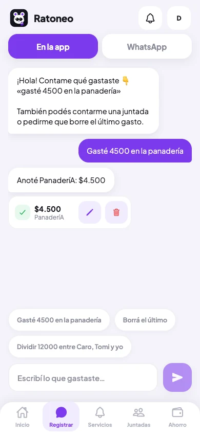 Chat de Ratoneo: un gasto de panadería registrado con un mensaje